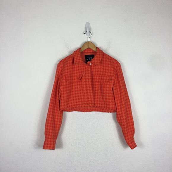 Zara Orange Houndstooth Matching Set Crop Jacket Shorts Small Tweed Co-ord - Picture 4 of 13